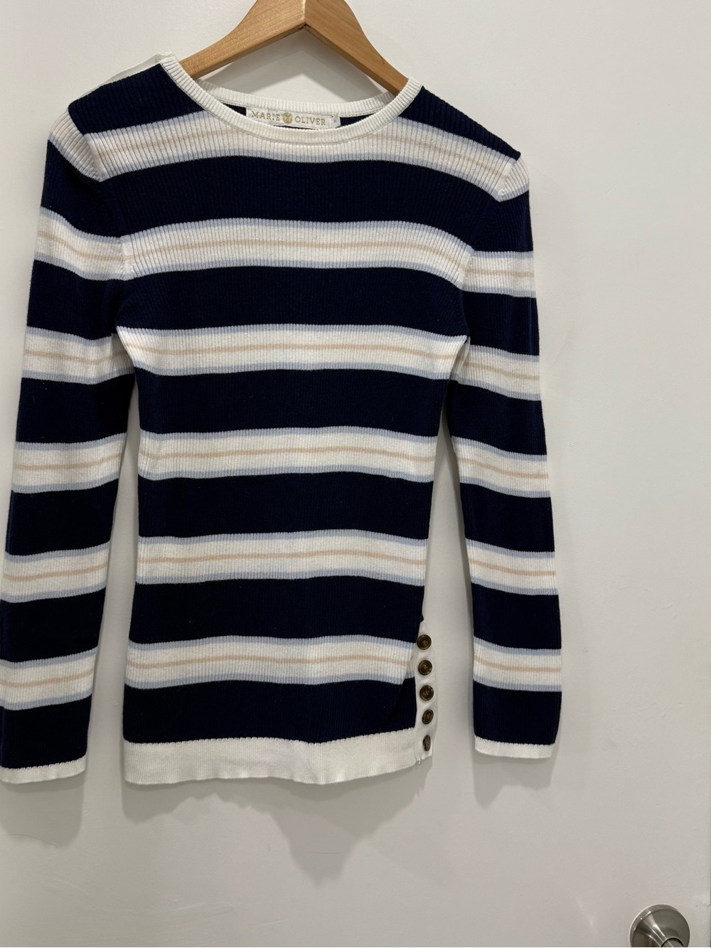 Marie Oliver 100% Cotton Navy Stripe Knit Sweater Side Button Detail Sz M